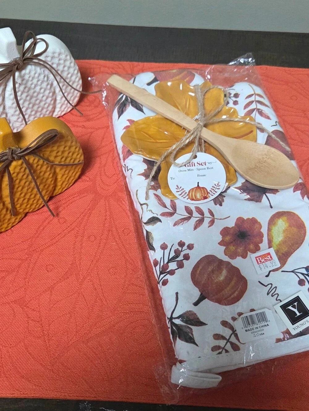 Fall Harvest Oven Mitt and Spoon Set - Orange Floral